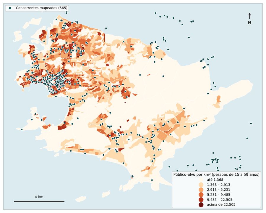Mapa de calor do público-alvo por km² com os concorrentes marcados.