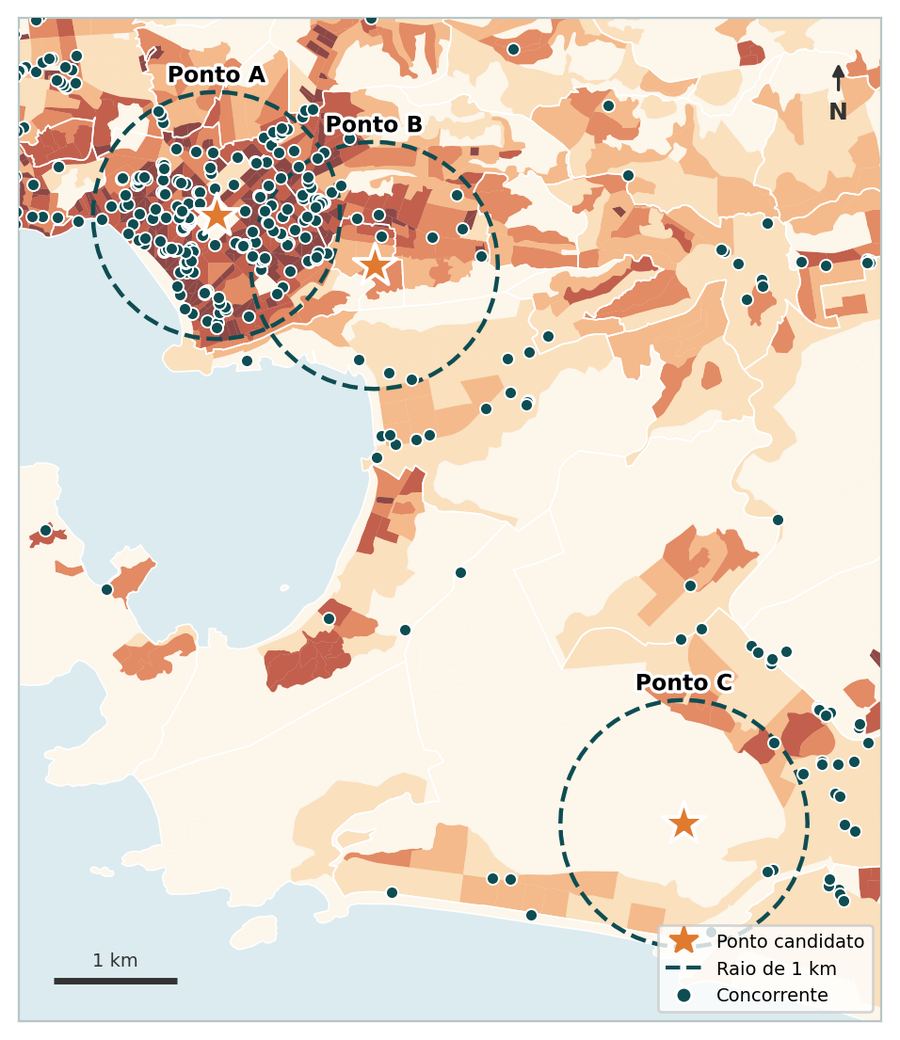 Mapa com três pontos candidatos e seus raios de 1 km.