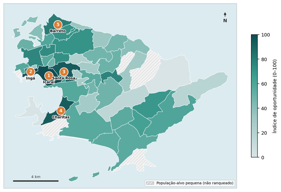 Mapa de Niterói com o índice de oportunidade por bairro e os cinco melhores bairros numerados.