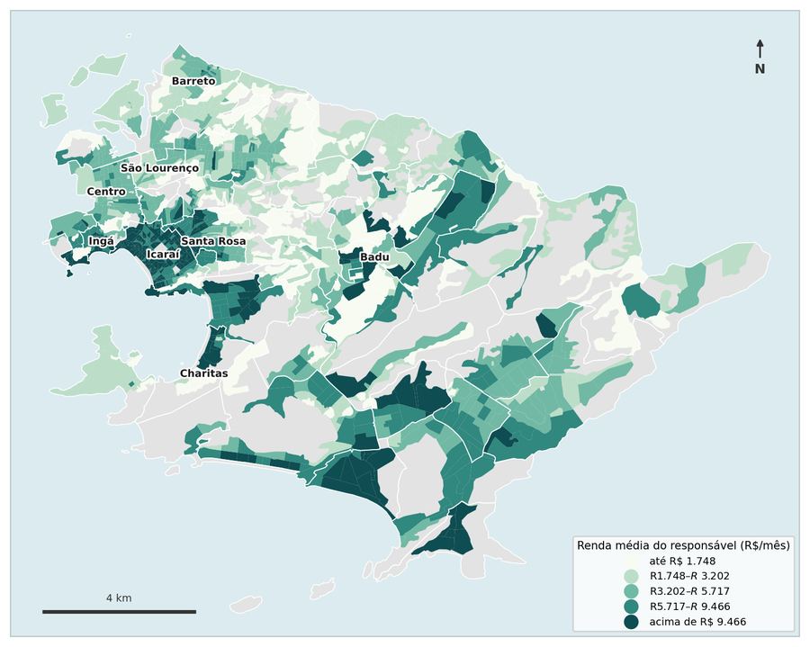 Mapa de renda média do responsável por setor censitário em Niterói.